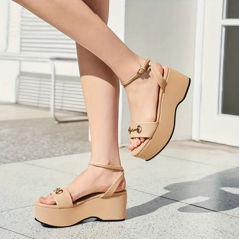 Women's Platform Sandals - Chunky Platform Wedge Heels, Beige