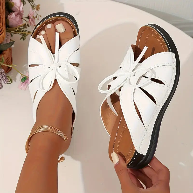 Women'S White Wedge Sandals with Bow Detail - Open-Toe Summer Slippers